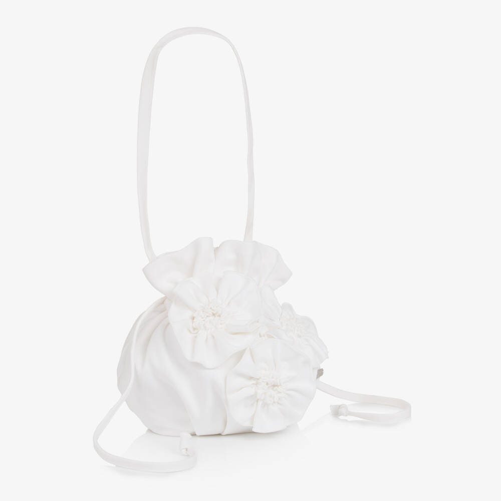Jessie and James London-Girls Ivory Drawstring Handbag with 3D Flowers | Childrensalon