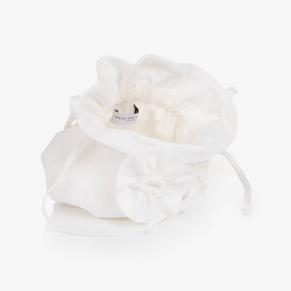 Jessie and James London-Girls Ivory Drawstring Handbag with 3D Flowers | Childrensalon