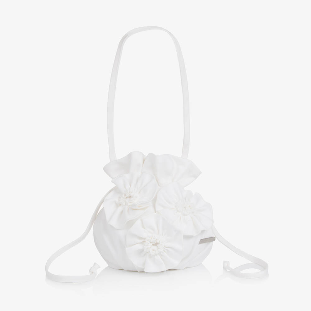 Jessie and James London-Girls Ivory Drawstring Handbag with 3D Flowers | Childrensalon