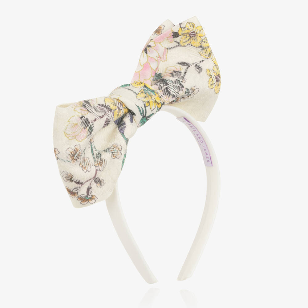 Jessie and James London-Girls Ivory Floral Jacquard Bow Hairband | Childrensalon