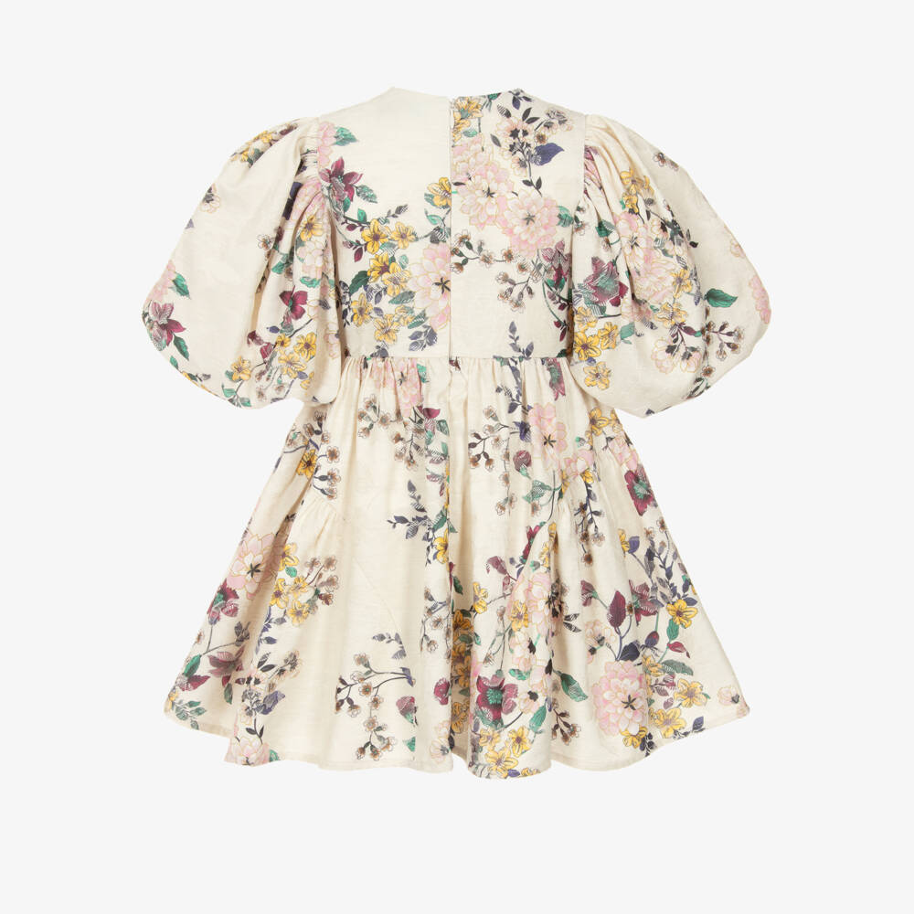Jessie and James London-Girls Ivory Floral Jacquard Dress with Puffed Sleeves | Childrensalon