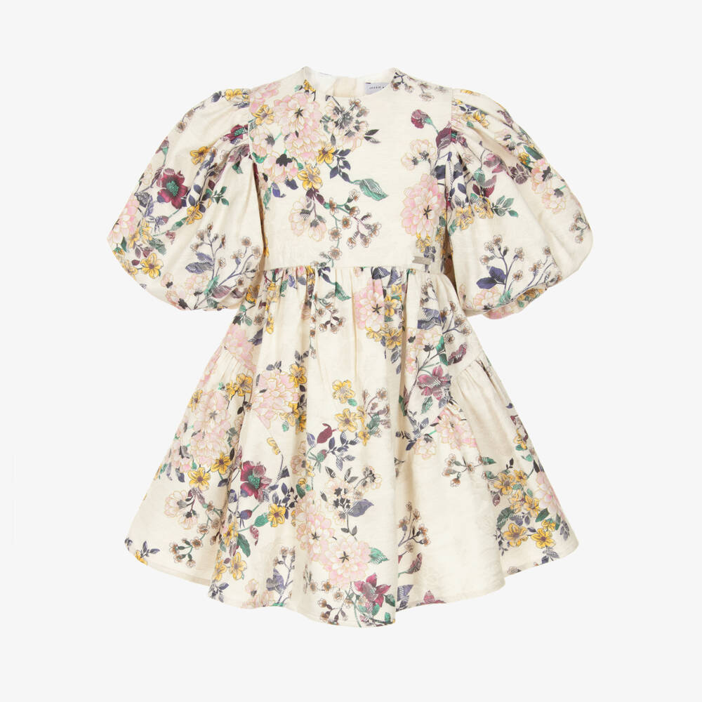 Jessie and James London-Girls Ivory Floral Jacquard Dress with Puffed Sleeves | Childrensalon