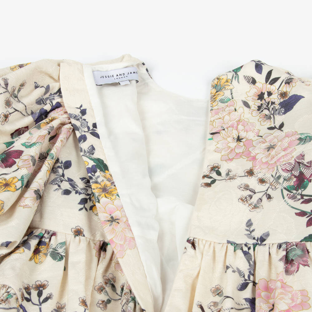 Jessie and James London-Girls Ivory Floral Jacquard Dress with Puffed Sleeves | Childrensalon
