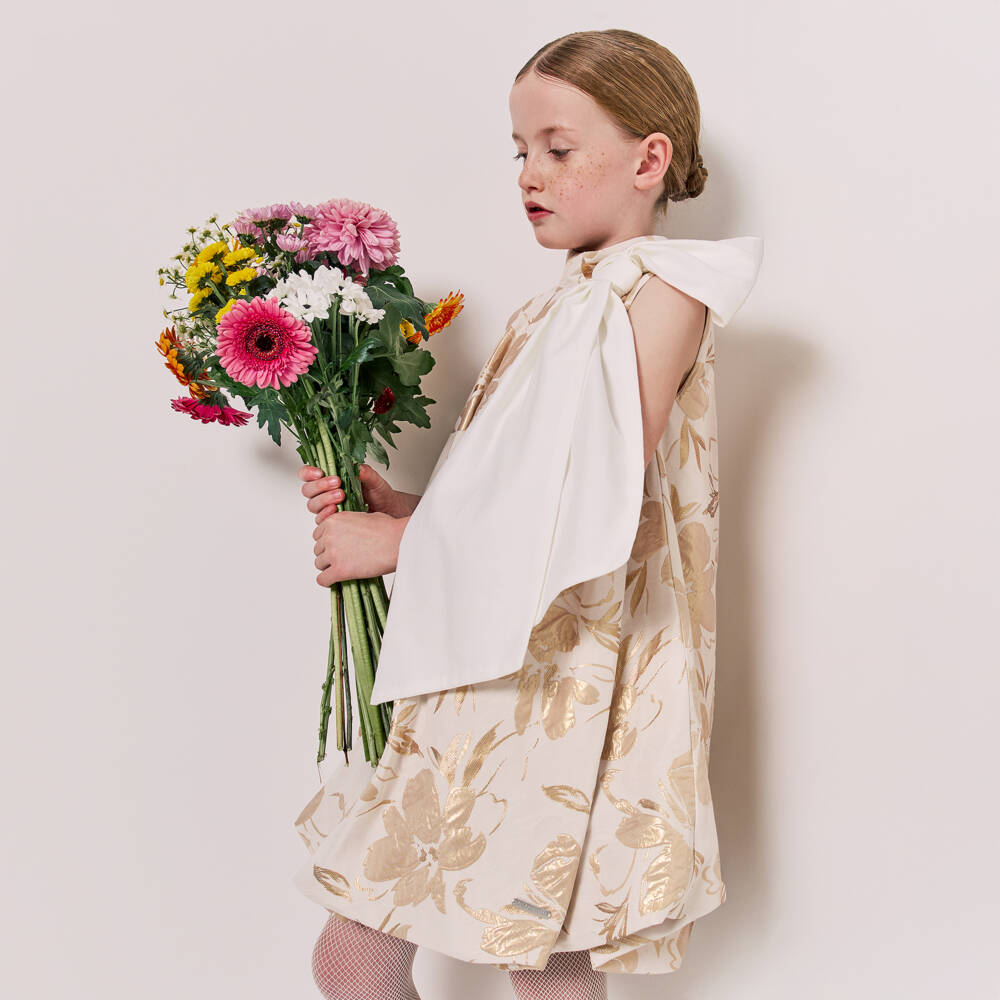 Jessie and James London-فستان جاكار لون عاجي وذهبي للبنات | Childrensalon