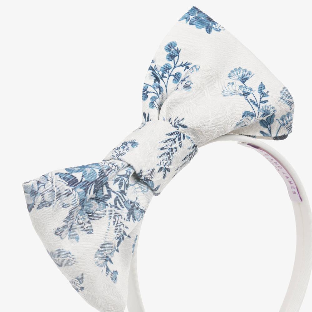 Jessie and James London-Girls Ivory Hairband with Blue Floral Patterned Bow | Childrensalon