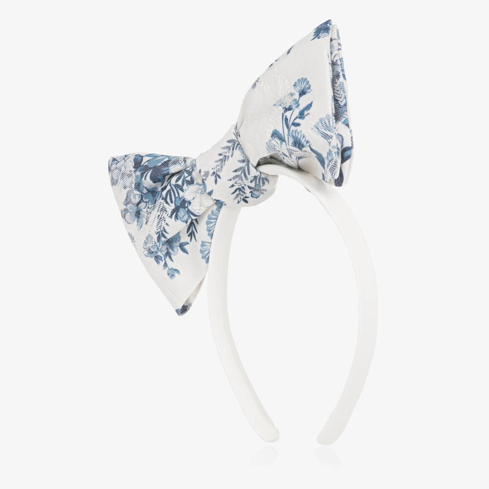 Jessie and James London-Girls Ivory Hairband with Blue Floral Patterned Bow | Childrensalon