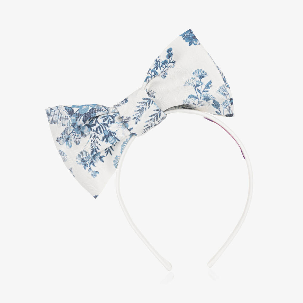 Jessie and James London-Girls Ivory Hairband with Blue Floral Patterned Bow | Childrensalon