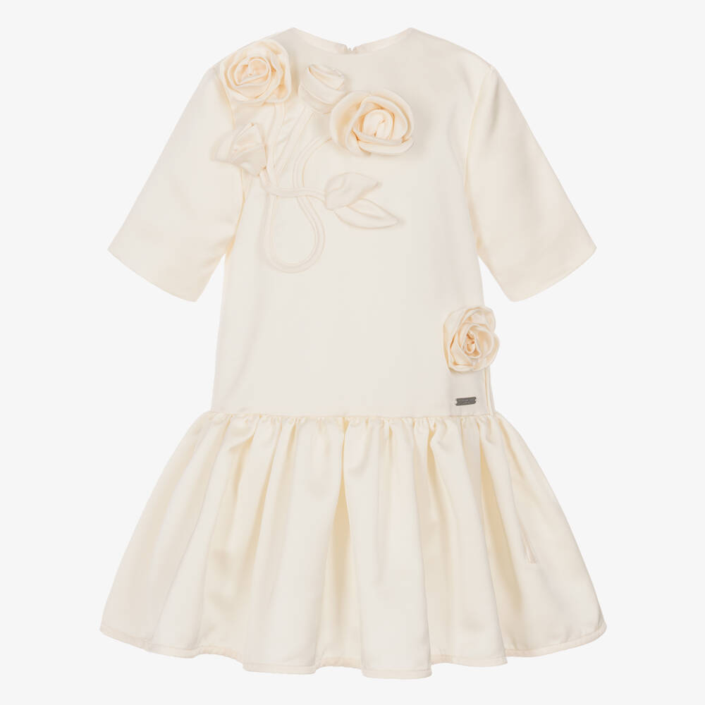 Jessie and James London-Girls Ivory Satin 3D Roses Dress | Childrensalon