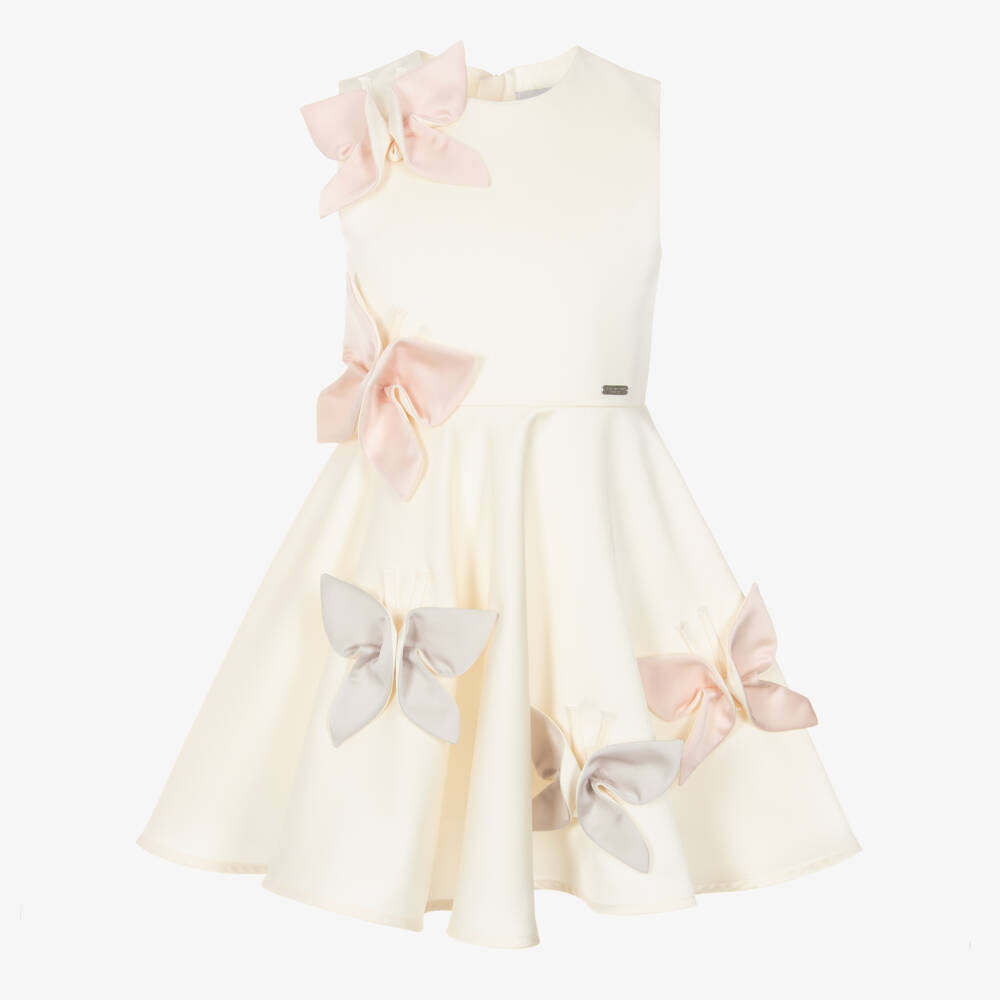 Jessie and James London-Girls Ivory Satin Dress with 3D Butterly Appliqués | Childrensalon