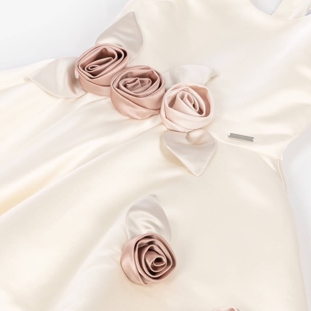 Jessie and James London-Girls Ivory Satin Dress with 3D Floral Appliqués | Childrensalon