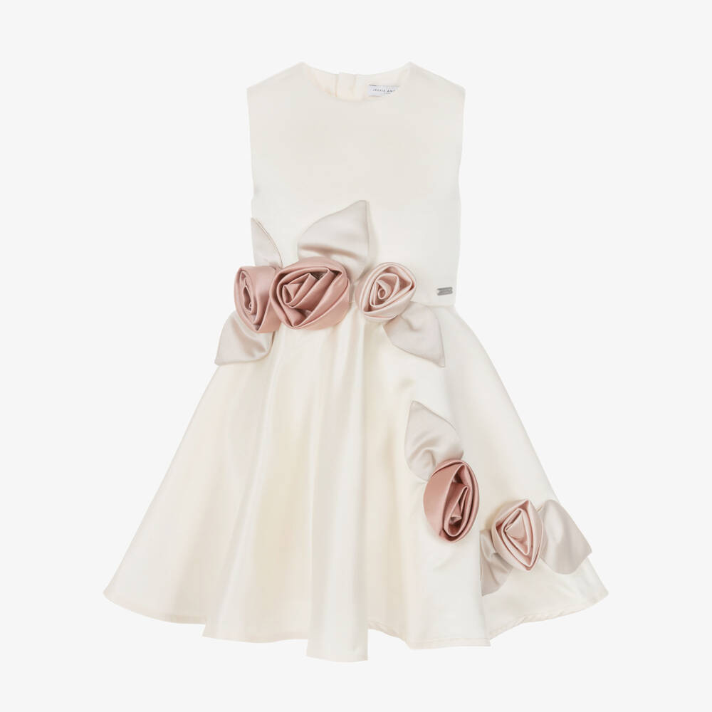 Jessie and James London-Girls Ivory Satin Dress with 3D Floral Appliqués | Childrensalon