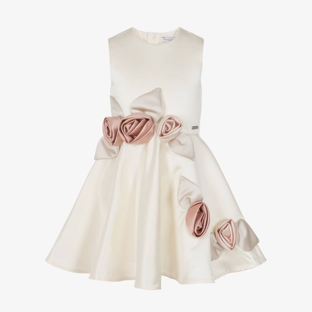 Jessie and James London-Girls Ivory Satin Dress with 3D Floral Appliqués | Childrensalon