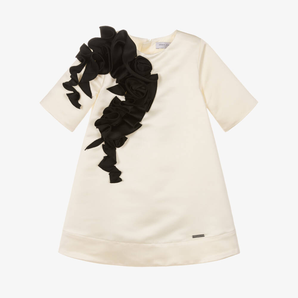 Jessie and James London-Girls Ivory Satin Dress with Abstract Black Ruffle | Childrensalon