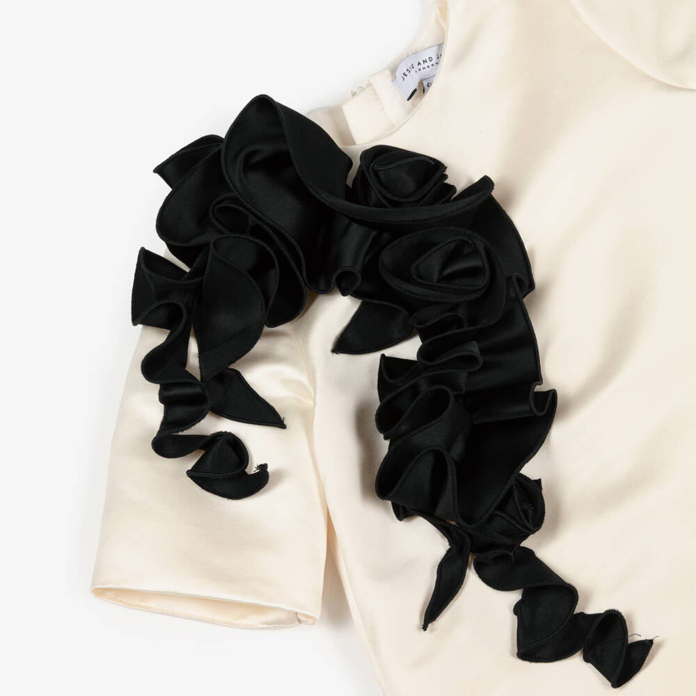 Jessie and James London-Girls Ivory Satin Dress with Abstract Black Ruffle | Childrensalon