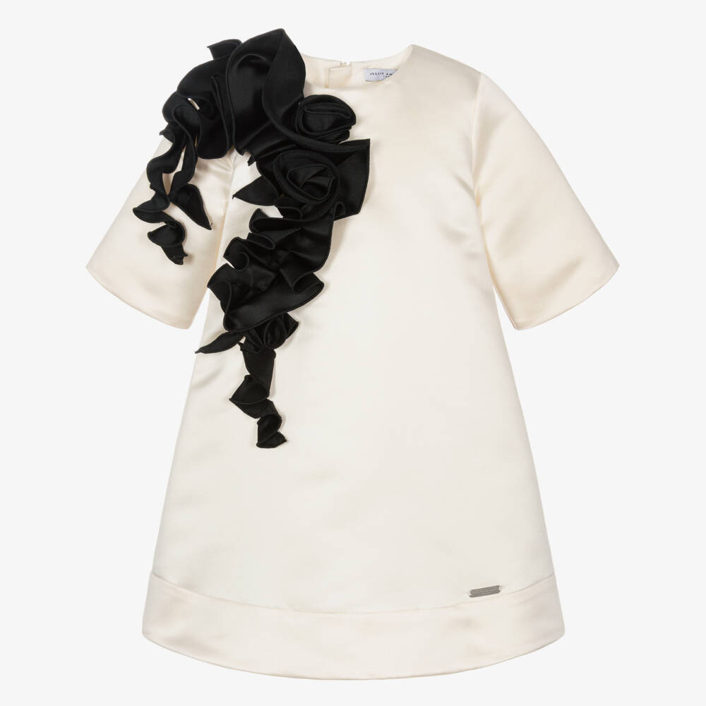 Jessie and James London-Girls Ivory Satin Dress with Abstract Black Ruffle | Childrensalon