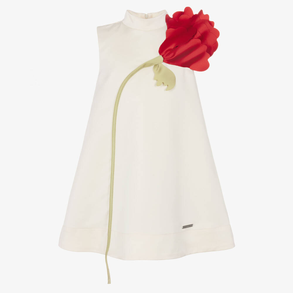 Jessie and James London-Girls Ivory Satin Dress with Red Flower | Childrensalon