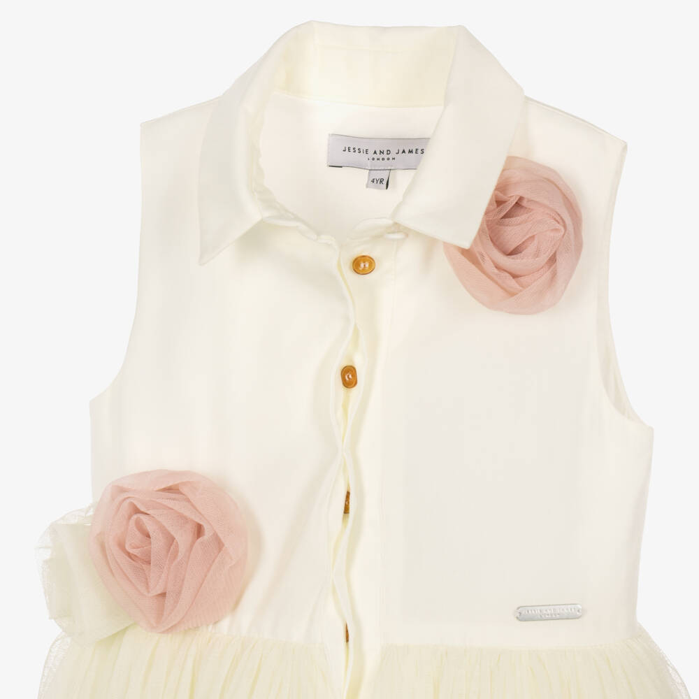 Jessie and James London-Girls Ivory Twill & Tulle Dress with 3D Roses | Childrensalon