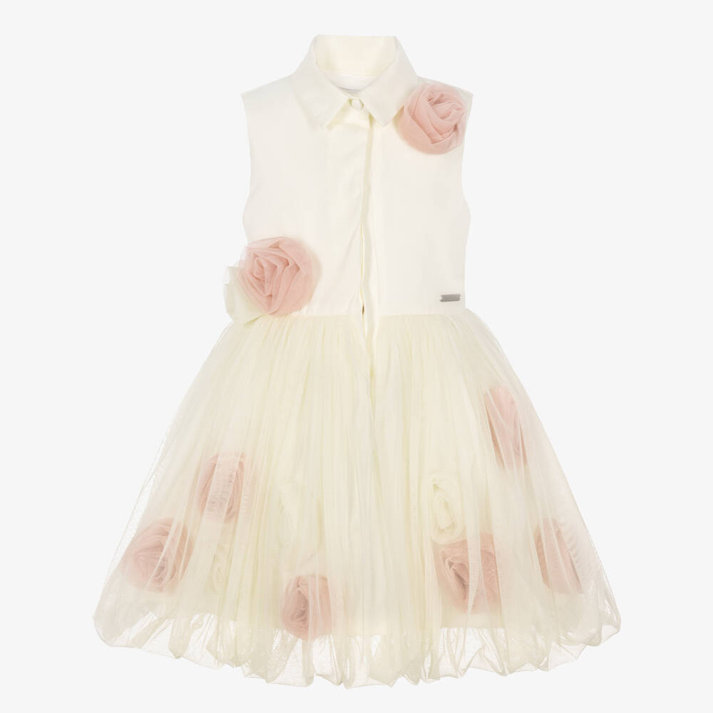 Jessie and James London-Girls Ivory Twill & Tulle Dress with 3D Roses | Childrensalon