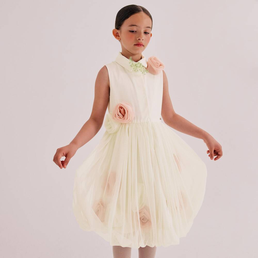 Jessie and James London-Girls Ivory Twill & Tulle Dress with 3D Roses | Childrensalon
