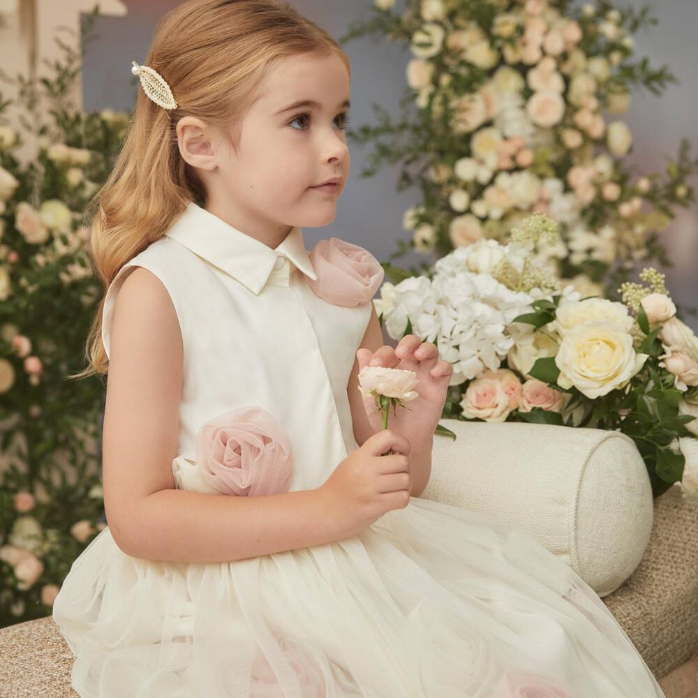 Jessie and James London-Girls Ivory Twill & Tulle Dress with 3D Roses | Childrensalon
