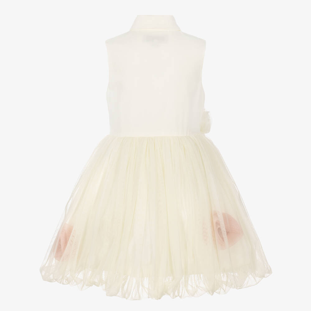 Jessie and James London-Girls Ivory Twill & Tulle Dress with 3D Roses | Childrensalon
