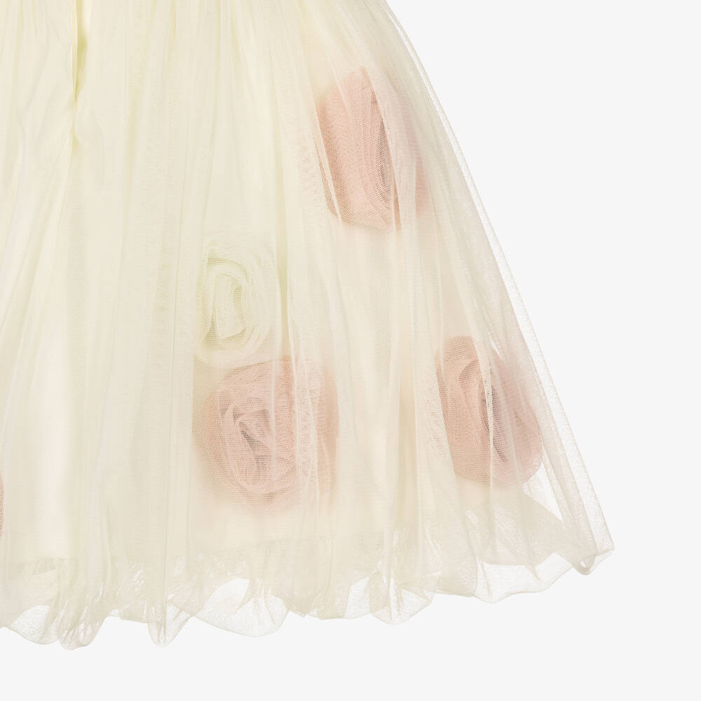 Jessie and James London-Girls Ivory Twill & Tulle Dress with 3D Roses | Childrensalon