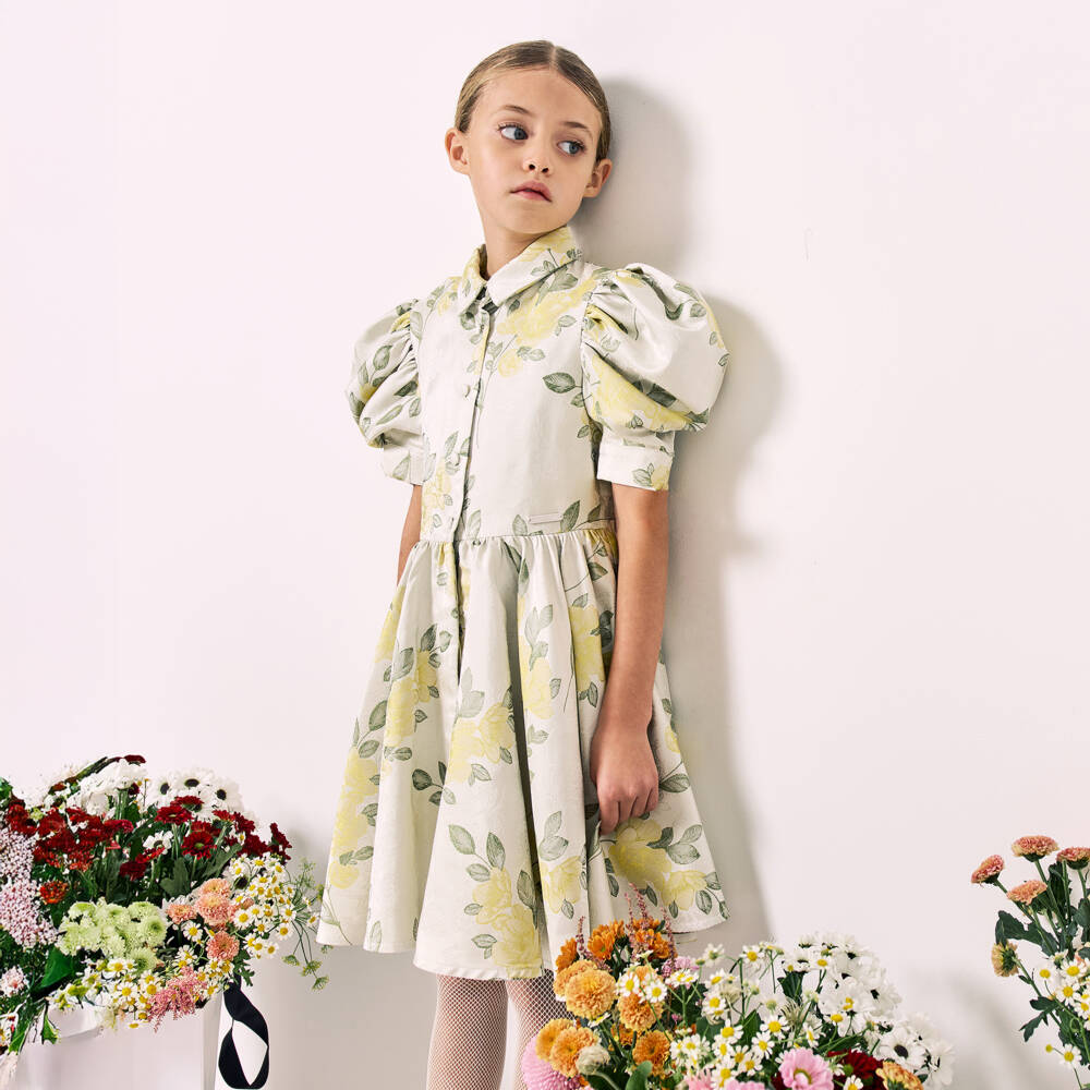 Jessie and James London-Girls Ivory & Yellow Floral Jacquard Dress | Childrensalon