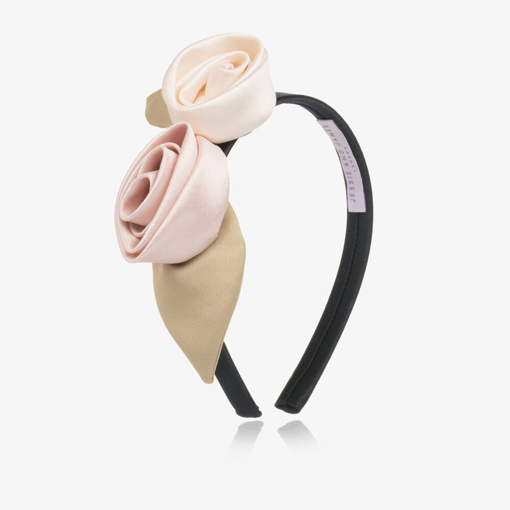 Jessie and James London-Girls Navy Blue Hairband with Ivory & Pink Satin Flowers | Childrensalon