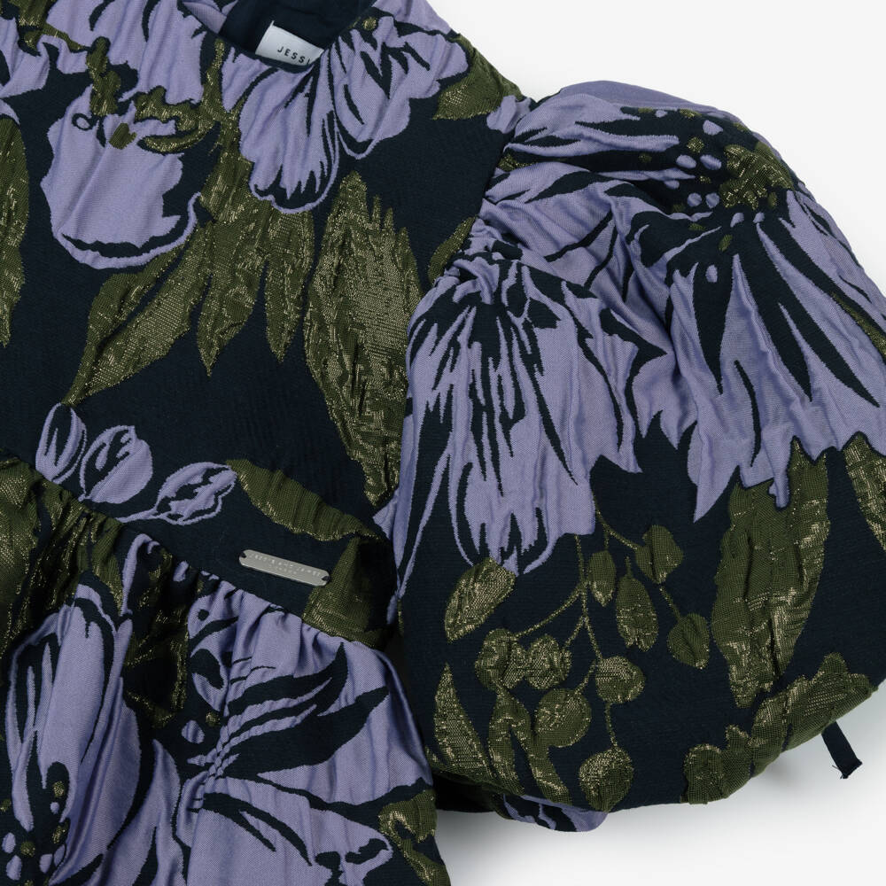 Jessie and James London-Girls Navy Blue & Lilac Cotton Floral Jacquard Dress | Childrensalon