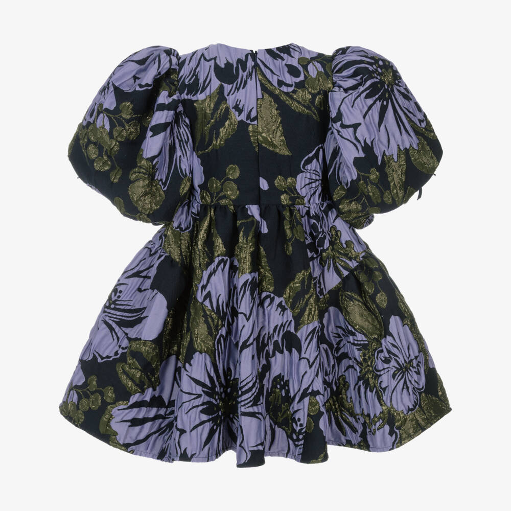 Jessie and James London-Girls Navy Blue & Lilac Cotton Floral Jacquard Dress | Childrensalon