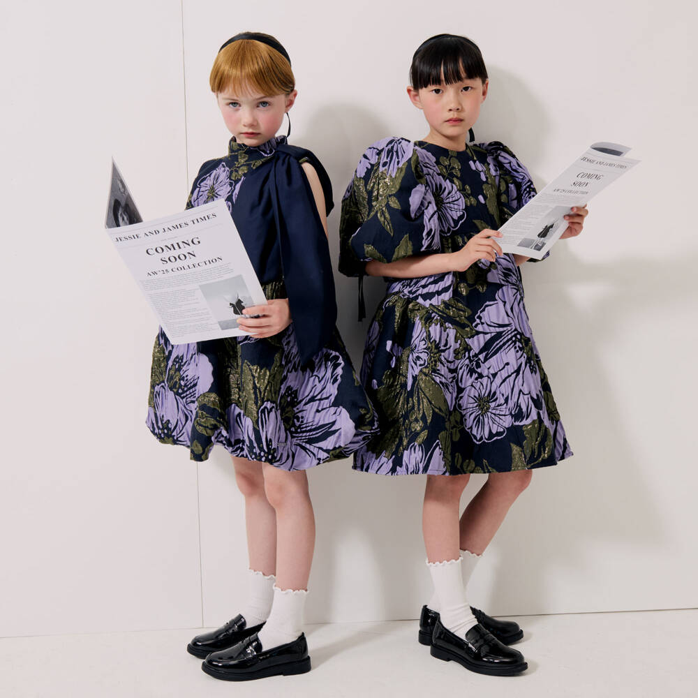 Jessie and James London-Girls Navy Blue & Lilac Cotton Floral Jacquard Dress | Childrensalon