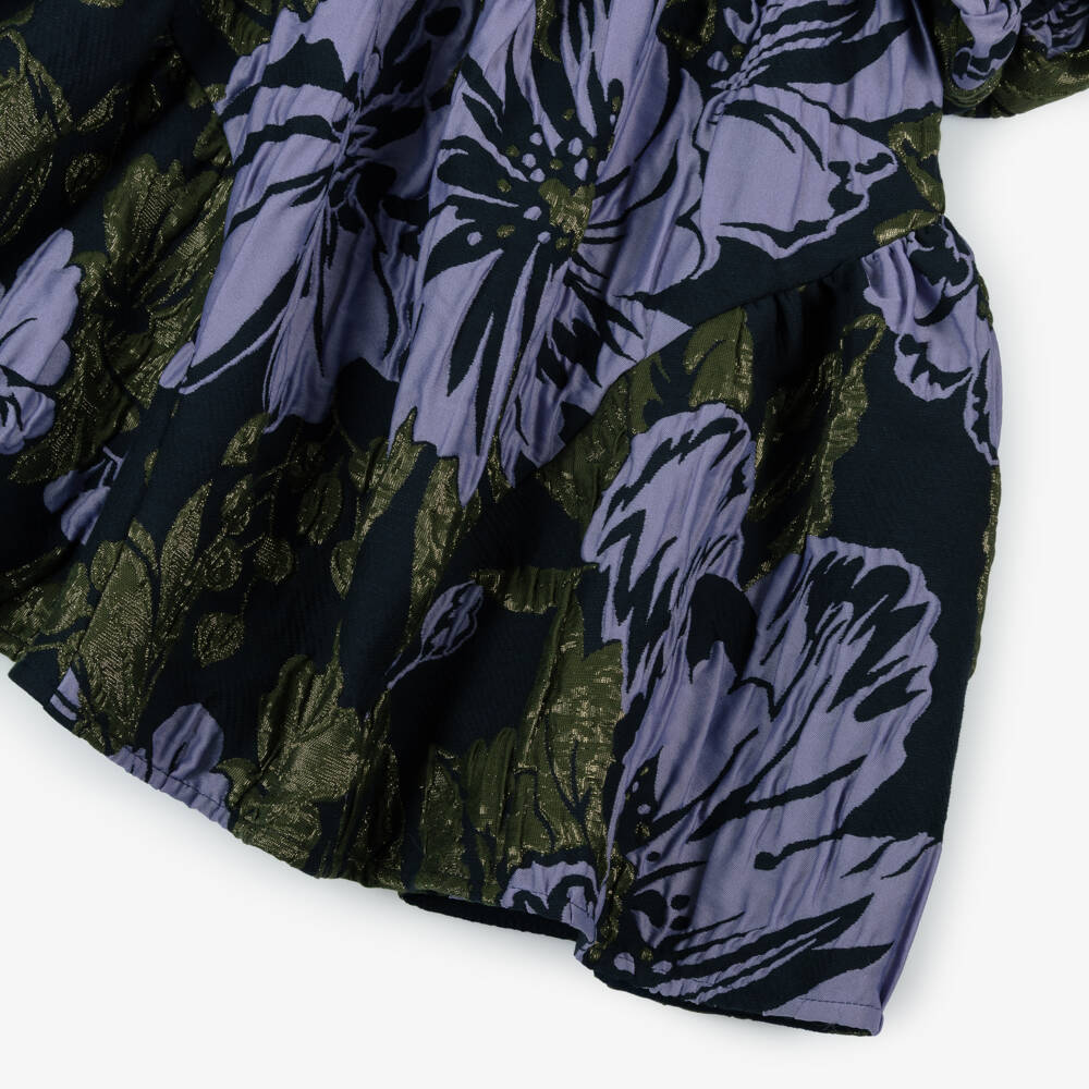 Jessie and James London-Girls Navy Blue & Lilac Cotton Floral Jacquard Dress | Childrensalon