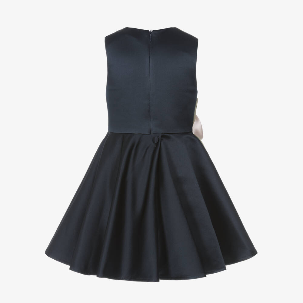 Jessie and James London-Girls Navy Blue Satin Dress with 3D Floral Appliqués | Childrensalon