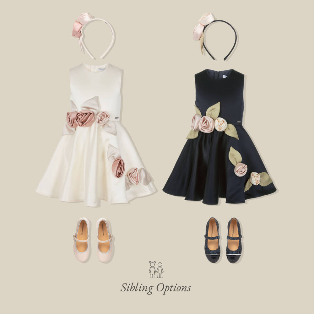 Jessie and James London-Girls Navy Blue Satin Dress with 3D Floral Appliqués | Childrensalon