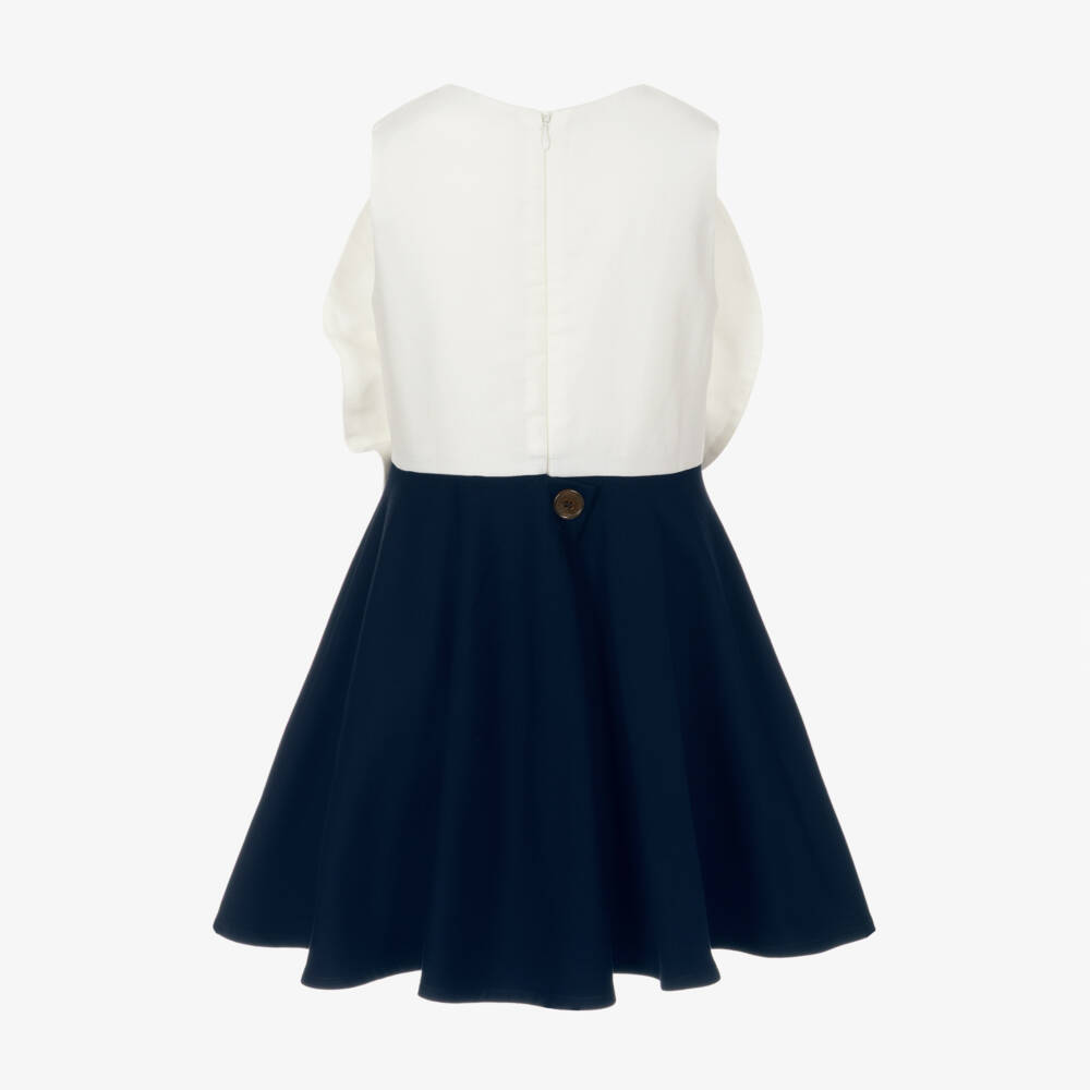 Jessie and James London-Girls Navy Blue Satin Dress with Floral Appliqué | Childrensalon