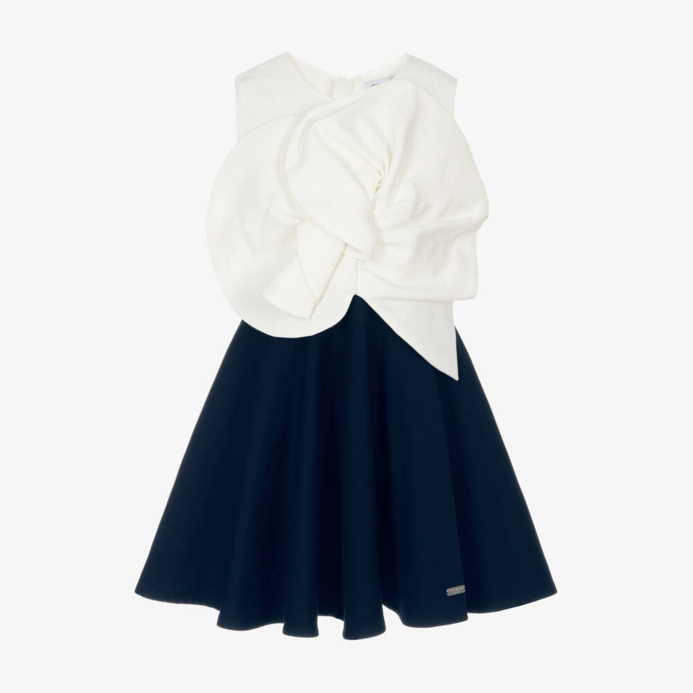 Jessie and James London-Girls Navy Blue Satin Dress with Floral Appliqué | Childrensalon
