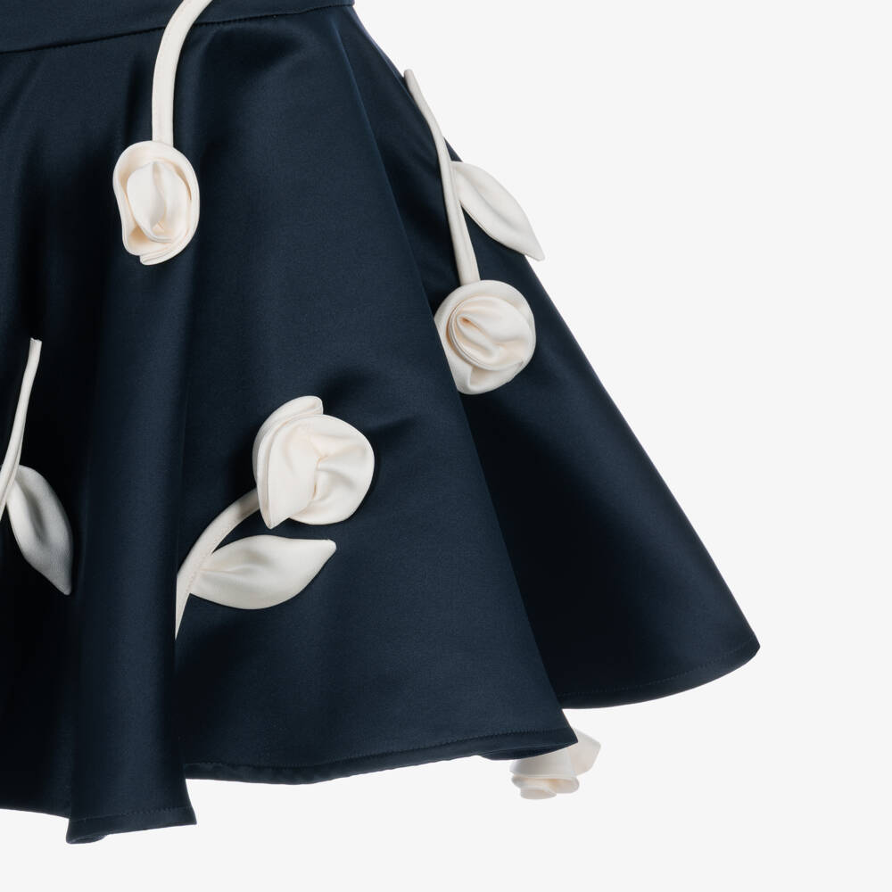 Jessie and James London-Girls Navy Blue Satin Dress with Ivory Flowers | Childrensalon