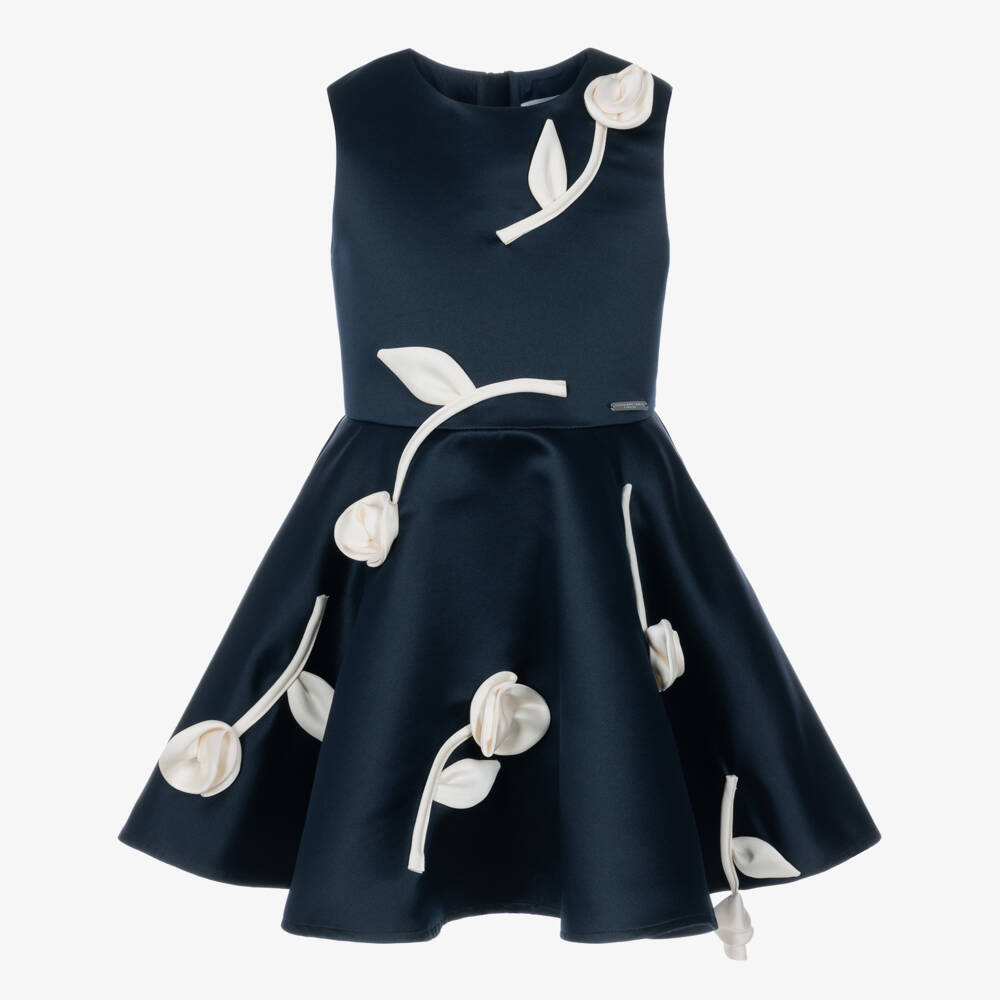 Jessie and James London-Girls Navy Blue Satin Dress with Ivory Flowers | Childrensalon