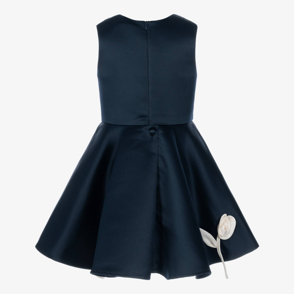 Jessie and James London-Girls Navy Blue Satin Dress with Ivory Flowers | Childrensalon