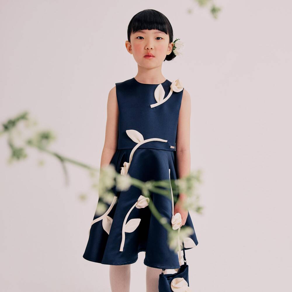 Jessie and James London-Girls Navy Blue Satin Dress with Ivory Flowers | Childrensalon