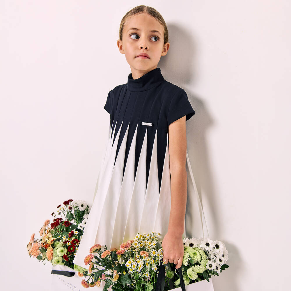 Jessie and James London-Girls Navy Blue & White Accordion Pleat Dress | Childrensalon