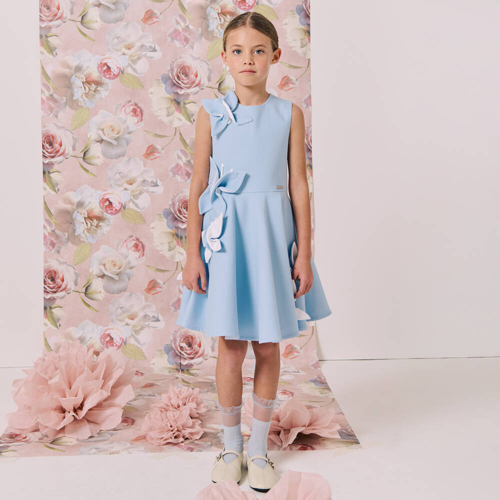 Jessie and James London-Girls Pale Blue Dress with 3D Butterfly Appliqués | Childrensalon