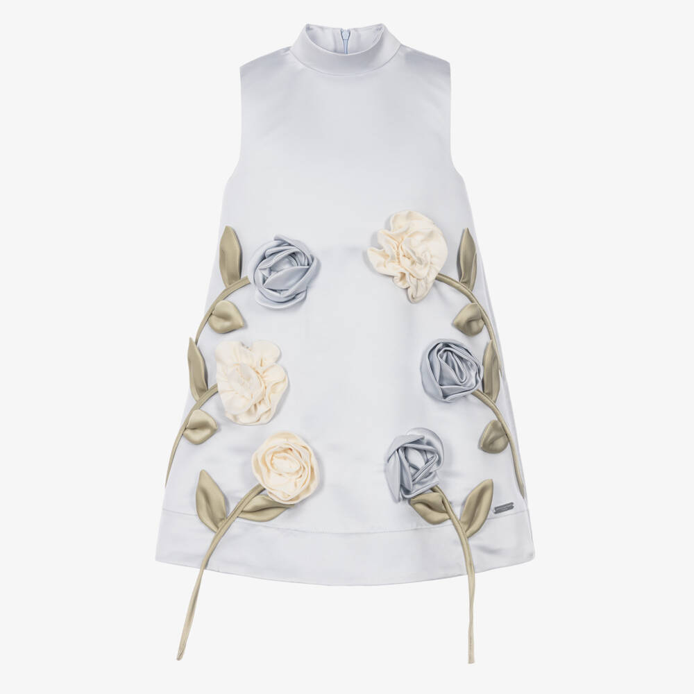Jessie and James London-Girls Pale Blue Satin Dress with Roses | Childrensalon