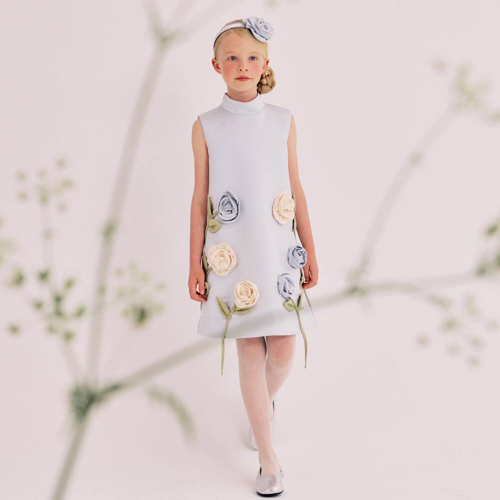 Jessie and James London-Girls Pale Blue Satin Dress with Roses | Childrensalon