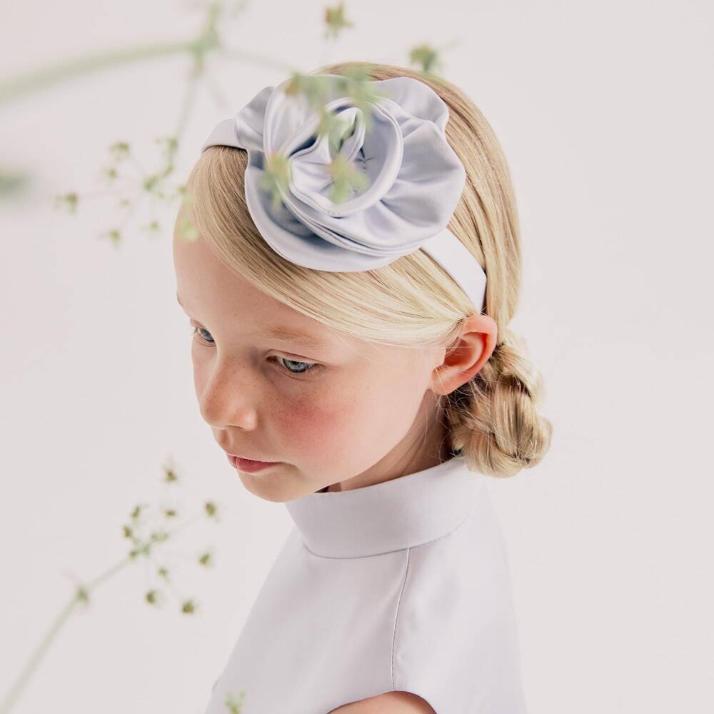 Jessie and James London-Girls Pale Blue Satin Rose Hairband | Childrensalon