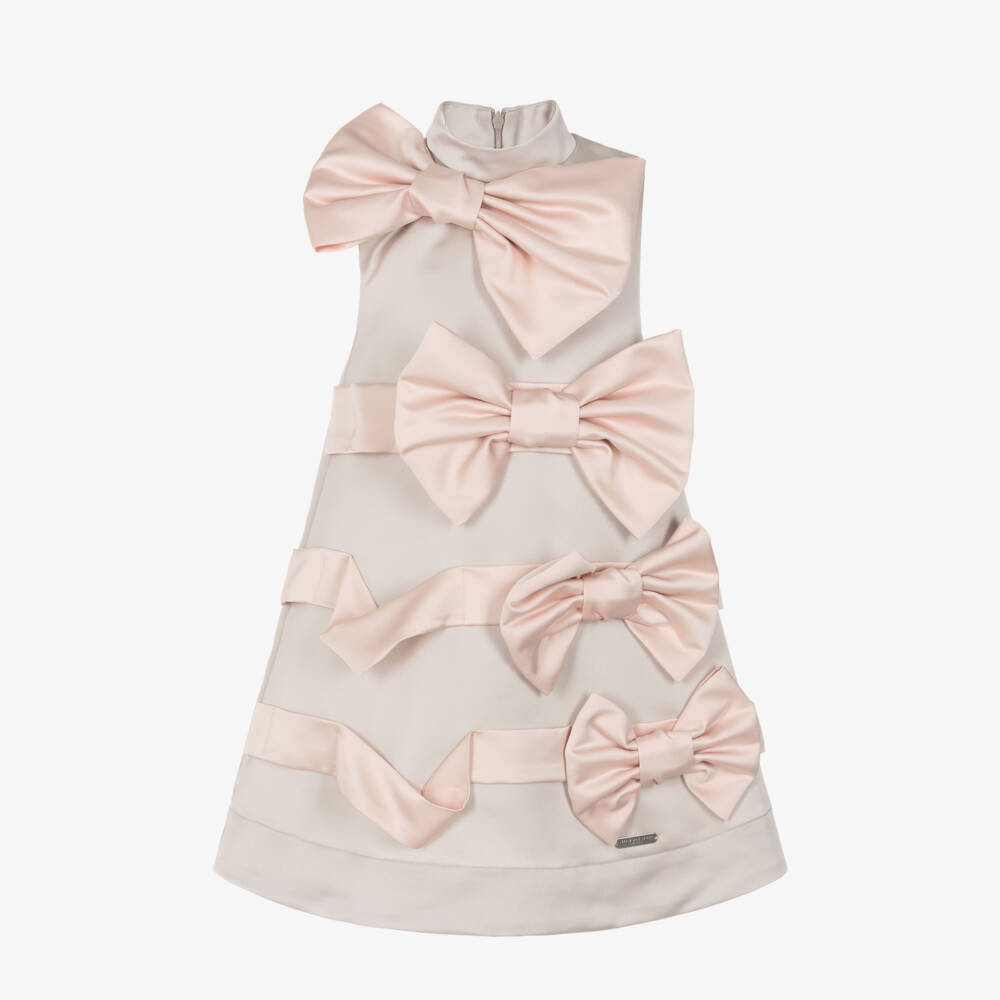 Jessie and James London-Girls Pale Grey Dress with Pink Satin Bows | Childrensalon