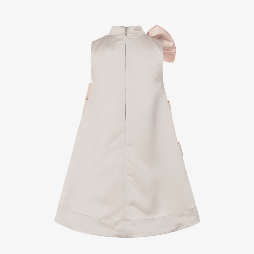 Jessie and James London-Girls Pale Grey Dress with Pink Satin Bows | Childrensalon