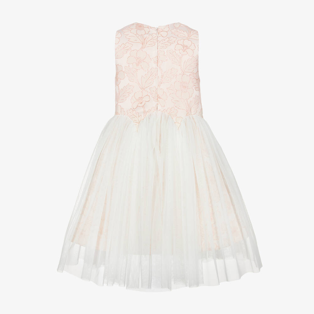 Jessie and James London-Girls Pale Pink Floral Jacquard Dress with Tulle Skirt | Childrensalon