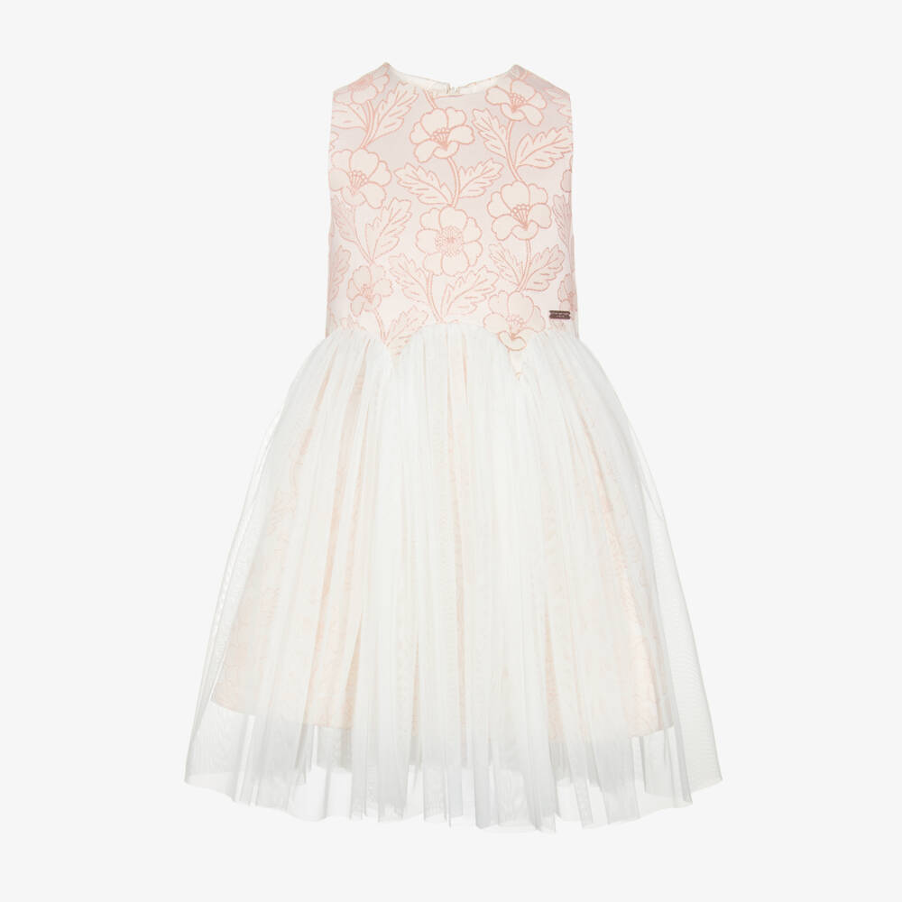 Jessie and James London-Girls Pale Pink Floral Jacquard Dress with Tulle Skirt | Childrensalon