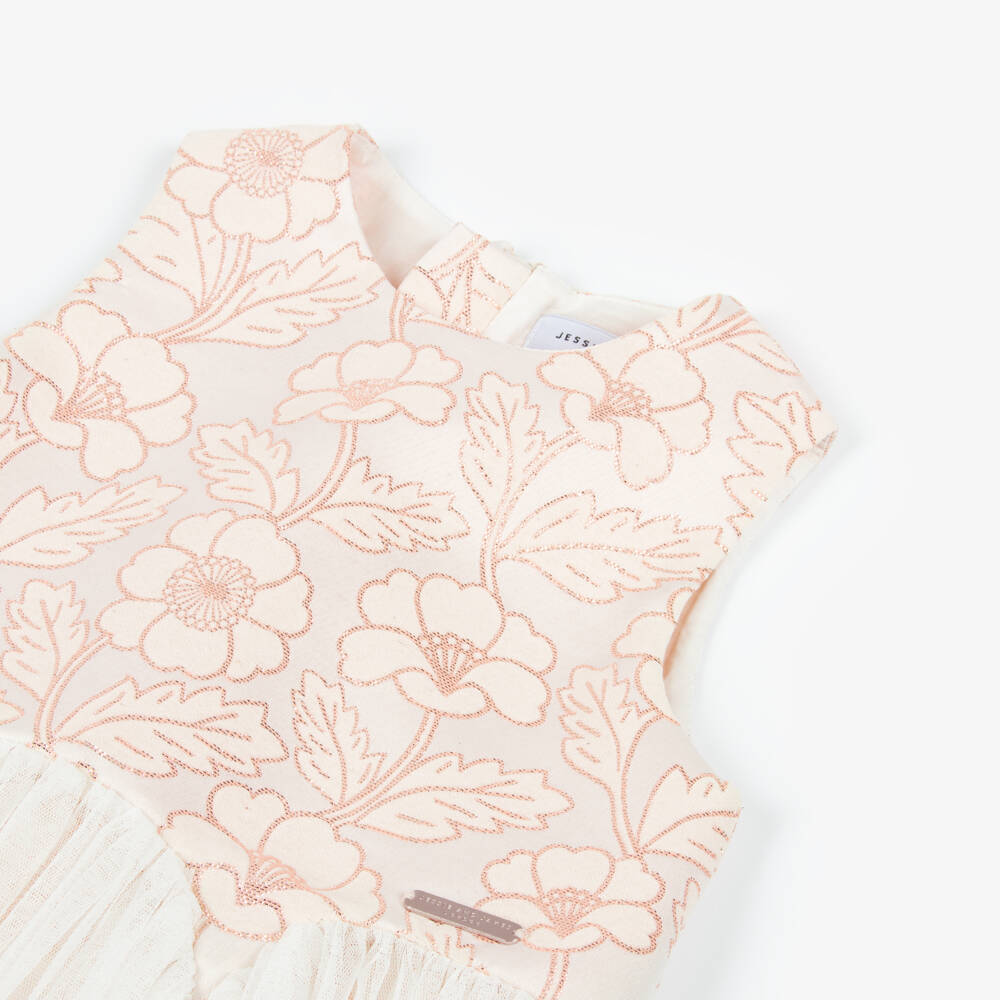 Jessie and James London-Girls Pale Pink Floral Jacquard Dress with Tulle Skirt | Childrensalon
